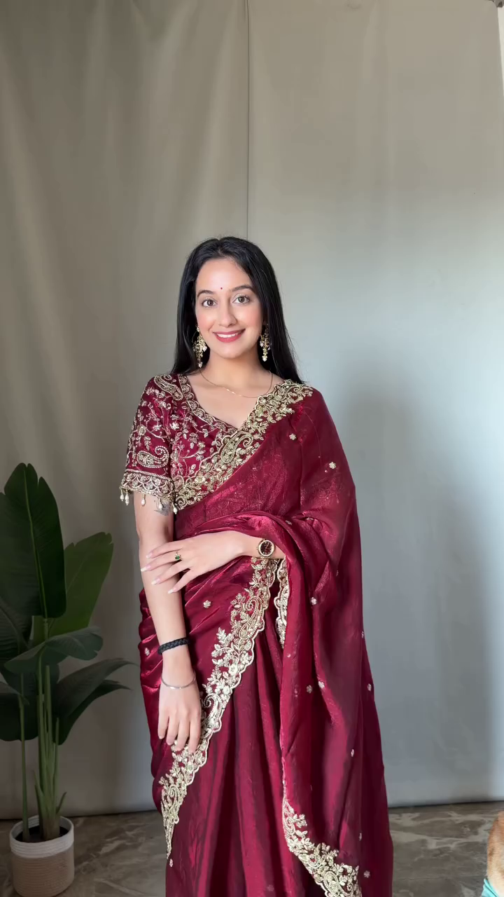 Maroon Embroidered Saree for Women | Elegant Party Wear & Wedding Saree with Designer Border